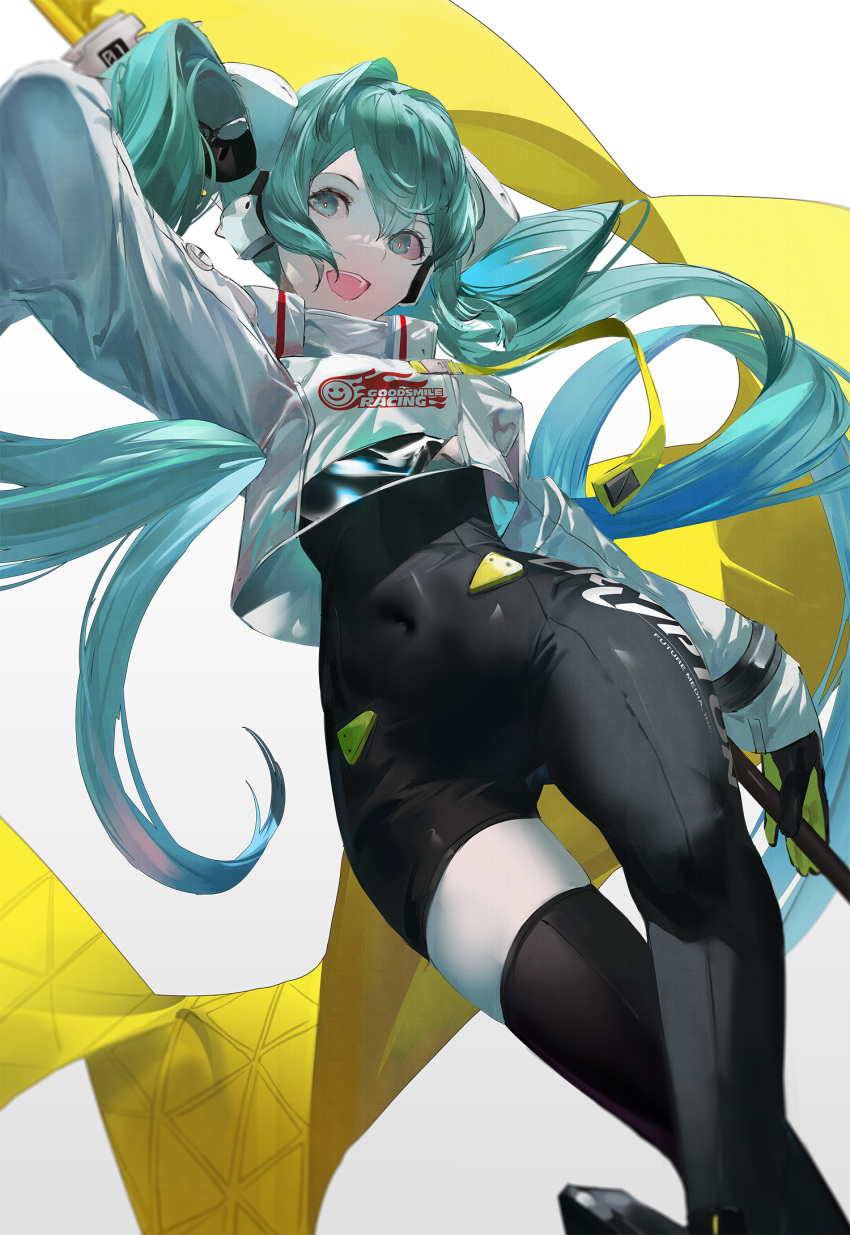 1girl aqua_eyes aqua_hair black_bodysuit blazpu bodysuit cowboy_shot crop_top crop_top_overhang crypton_future_media flag flagpole goodsmile_racing hatsune_miku headphones highres holding holding_flag holding_pole long_hair open_mouth pole racing_miku racing_miku_(2022) smile solo twintails vocaloid