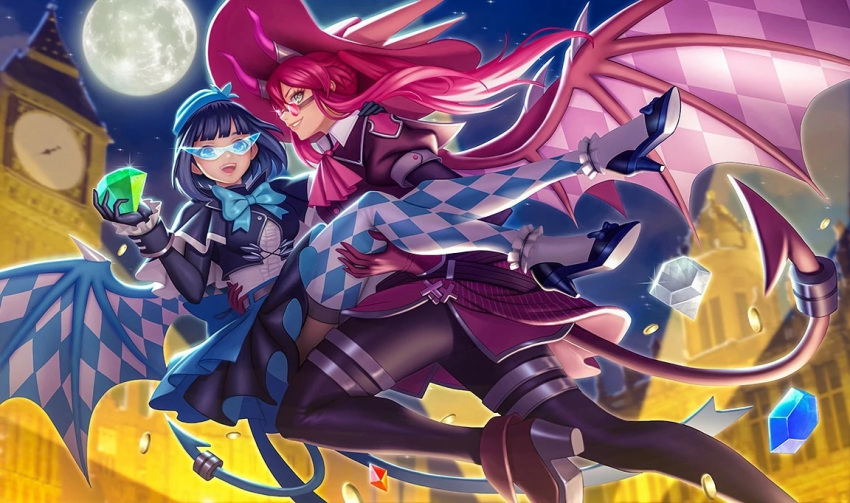 2girls absurdres belt blue_hair bow breasts checkered checkered_legwear demon_wings dress duel_monster eyebrows_visible_through_hair feet_out_of_frame glasses gloves green_eyes hand_on_eyewear hat highres kisikil_(yuu-gi-ou) large_breasts lilla_(yuu-gi-ou) long_hair long_sleeves multiple_girls open_mouth pantyhose pink_hair pink_legwear short_hair sparkle teeth white_legwear wings yu-gi-oh! yuu-gi-ou