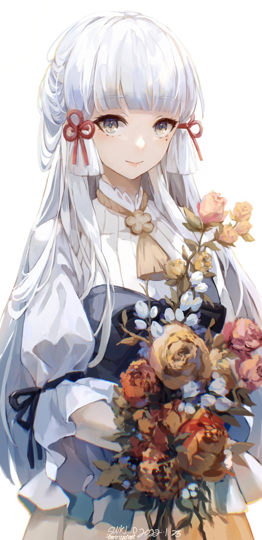 1girl absurdres dated flower genshin_impact highres holding holding_flower kamisato_ayaka long_hair looking_at_viewer mole mole_under_eye red_ribbon ribbon signature simple_background smile swkl:d white_background white_hair white_sleeves