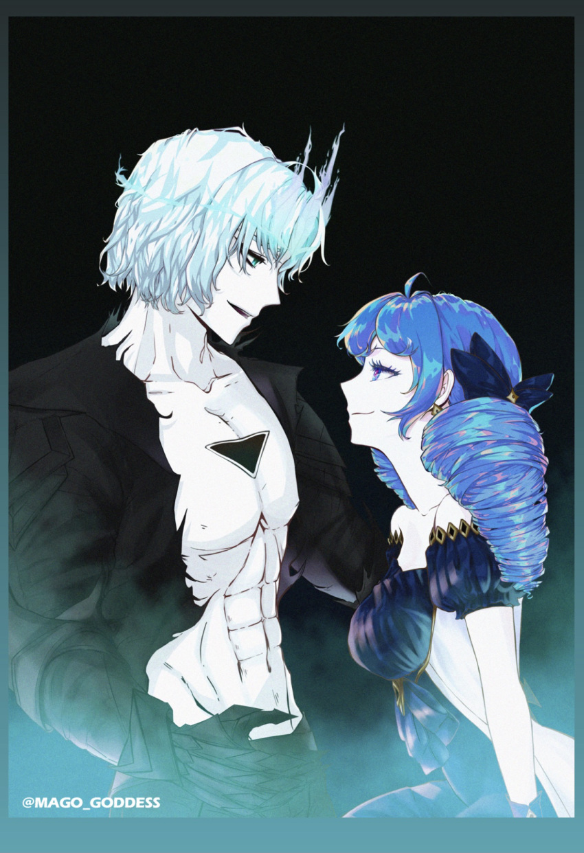 1boy 1girl abs ahoge artist_name bangs black_background black_bow black_dress black_jacket black_pants blue_eyes border bow breasts dress drill_hair eye_contact from_side grey_border grey_dress grey_hair gwen_(league_of_legends) highres jacket large_breasts league_of_legends long_hair long_sleeves looking_at_another mago_goddess no_shirt open_clothes open_jacket open_mouth pale_skin pants shiny shiny_hair short_hair smile steam torn_jacket twin_drills viego_(league_of_legends)