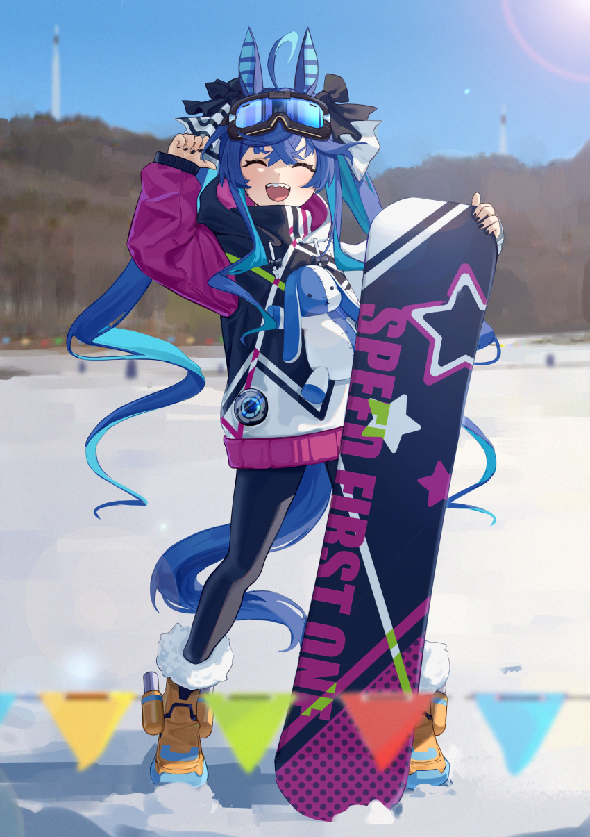 1girl absurdres ahoge animal_ears arm_up bangs black_legwear black_nails blue_hair blurry blurry_background blurry_foreground boots closed_eyes full_body goggles goggles_on_head highres hood hood_down hoodie horse_ears horse_girl horse_tail lens_flare long_hair long_sleeves open_mouth outdoors smile snow snowboard solo standing string_of_flags stuffed_animal stuffed_bunny stuffed_toy tail teeth twin_turbo_(umamusume) umamusume upper_teeth xiu_kukkii yellow_footwear