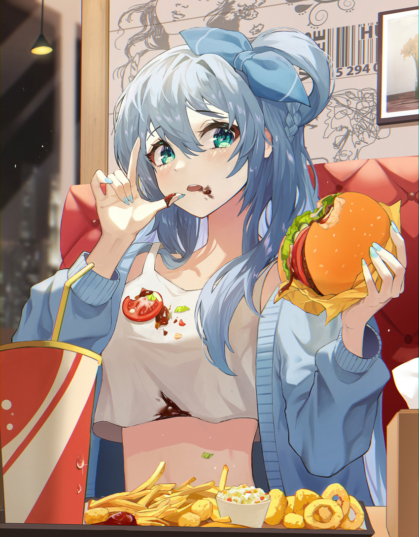 1girl absurdres blue_bow blue_hair blue_jacket blue_nails blush bow braid burger crop_top crop_top_overhang cup disposable_cup eating eyebrows_visible_through_hair food food_on_clothes food_on_face food_on_hand french_fries green_eyes hair_between_eyes hair_bow hair_rings highres holding holding_food indoors jacket josal long_hair long_sleeves midriff nail_polish onion_rings open_clothes open_jacket open_mouth original restaurant shirt sitting sleeveless sleeveless_shirt solo upper_body white_shirt