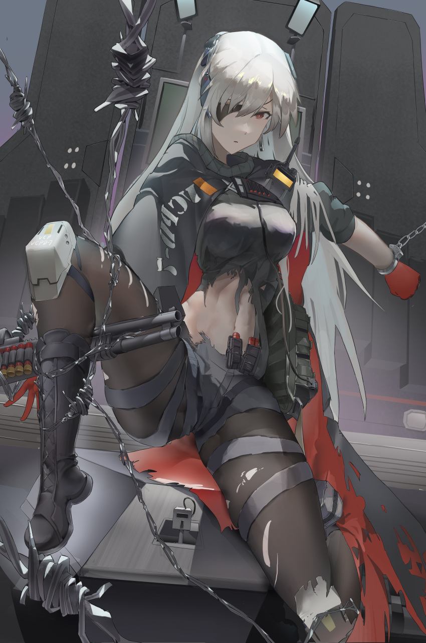 1girl absurdres bangs black_shirt boots breasts chinese_commentary commentary_request cuffs full_body girls'_frontline_neural_cloud girls_frontline gloves grey_shorts gun hair_between_eyes hair_over_one_eye highres large_breasts linea_alba long_hair looking_at_viewer midriff navel pantyhose red_eyes red_gloves restrained sail_(apha7775) serious shackles shirt shorts shotgun shotgun_shell silver_hair sitting solo spread_legs swept_bangs torn_clothes torn_legwear torn_shirt weapon