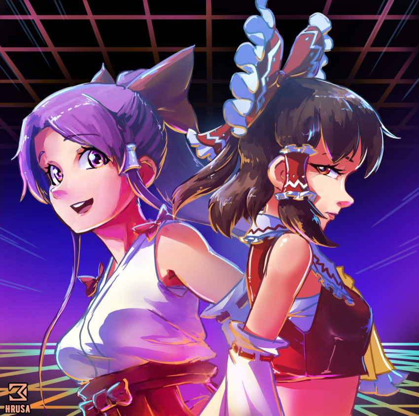 2girls absurdres ascot bangs bare_shoulders bow breasts brown_eyes brown_hair chest_sarashi collared_vest commentary_request crop_top david_hrusa doujinshi dual_persona eyelashes frilled_ascot frilled_bow frills hair_bow hair_tubes hakama hakama_skirt hakurei_reimu hakurei_reimu_(pc-98) happy_birthday highres japanese_clothes kimono lips long_hair looking_at_viewer midriff miko multiple_girls neon_palette open_mouth ponytail purple_hair red_bow red_hakama red_skirt red_vest retro_artstyle ribbon-trimmed_sleeves ribbon_trim sarashi sidelocks skirt small_breasts teeth touhou touhou_(pc-98) upper_teeth vaporwave vest violet_eyes white_kimono white_sleeves wide_sleeves yellow_ascot