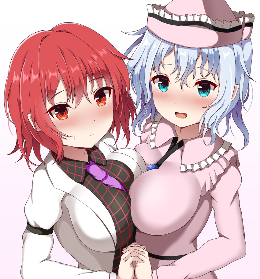 2girls black_shirt blue_eyes blush breasts closed_mouth collared_shirt commission eyebrows_visible_through_hair guard_vent_jun hair_between_eyes hat highres horikawa_raiko jacket large_breasts merlin_prismriver multiple_girls necktie open_mouth pink_headwear pink_shirt purple_necktie red_eyes redhead shirt short_hair silver_hair simple_background skeb_commission touhou upper_body white_background white_jacket