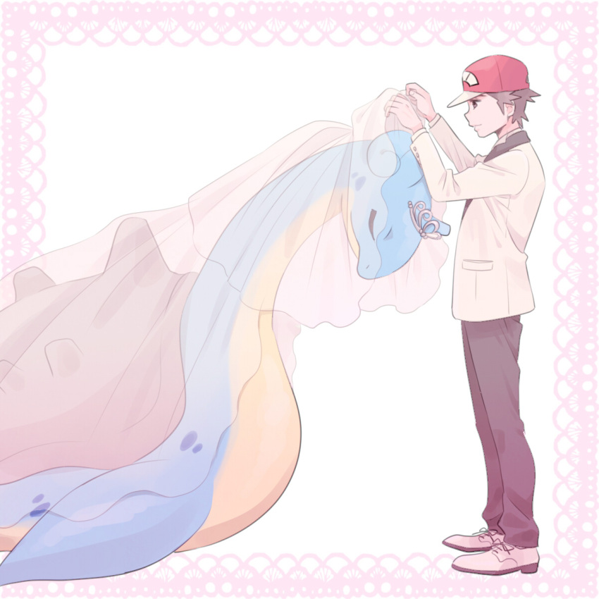 1boy baseball_cap border brown_hair brown_pants buttons closed_eyes closed_mouth commentary_request from_side hands_up hat highres jacket lapras long_sleeves male_focus pants pink_border pokemon pokemon_(game) pokemon_sm pumpkinpan red_(pokemon) red_headwear shoes short_hair spiky_hair standing tiara veil white_footwear white_jacket