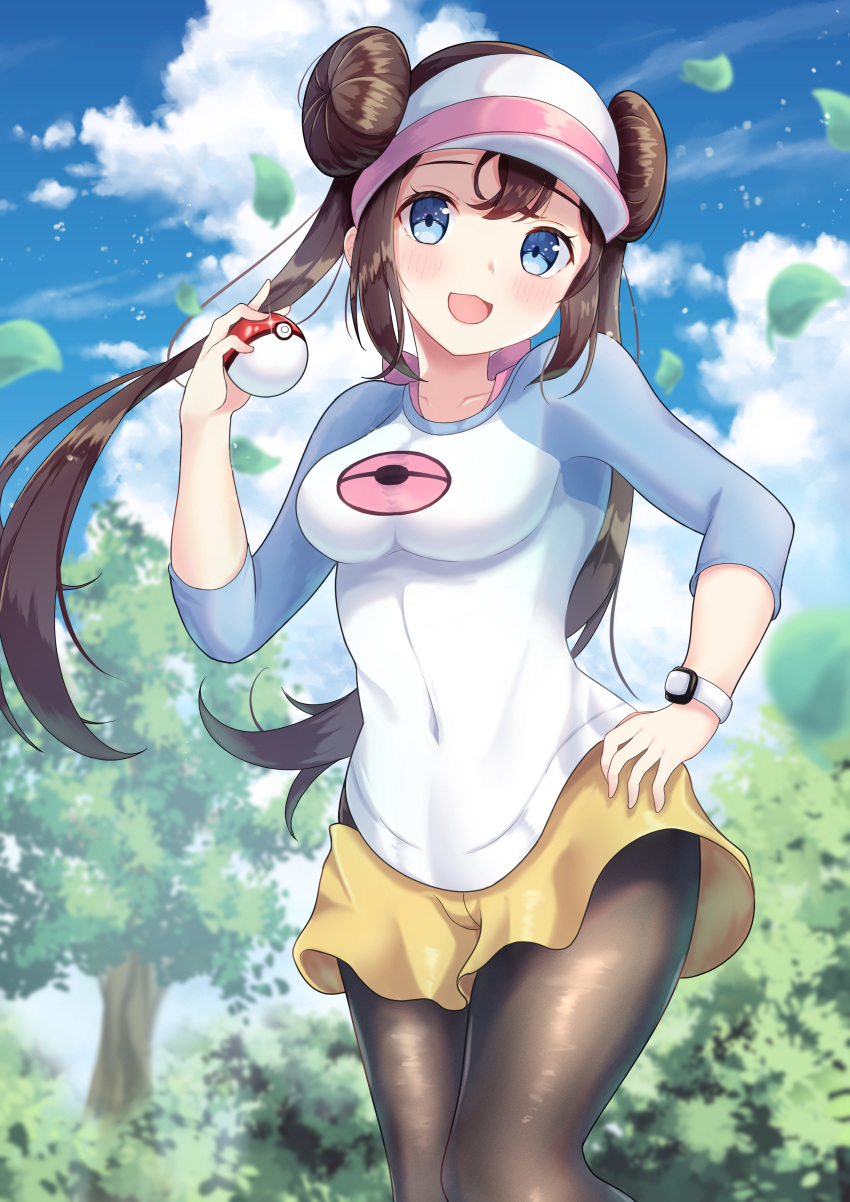 1girl :d absurdres bangs blue_eyes blush bow breasts brown_hair brown_legwear clouds commentary_request day double_bun eyelashes hand_on_hip hand_up highres holding holding_poke_ball kaede_(maple4rt) leaves_in_wind legwear_under_shorts long_hair looking_at_viewer open_mouth outdoors pantyhose pink_bow poke_ball poke_ball_(basic) pokemon pokemon_(game) pokemon_bw2 raglan_sleeves rosa_(pokemon) short_shorts shorts sky smile solo tree twintails visor_cap yellow_shorts