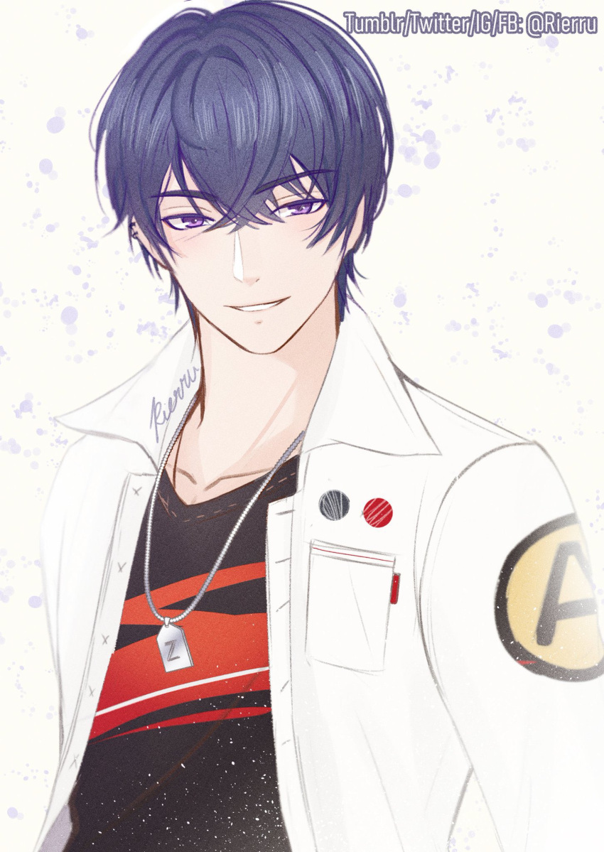 1boy artist_name bangs black_shirt dog_tags earrings grin highres jacket jewelry long_sleeves looking_at_viewer marius_von_hagen_(tears_of_themis) necklace open_clothes open_jacket petals purple_hair rierru shirt short_hair signature smile solo tears_of_themis teeth violet_eyes white_background white_jacket