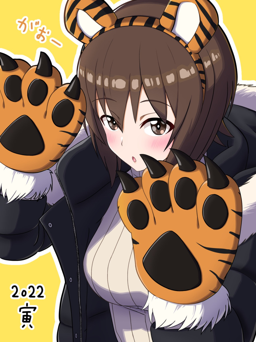 1girl 2022 animal_ears animal_hands bangs black_collar blush brown_eyes brown_hair chinese_zodiac claw_pose coat collar eyebrows_visible_through_hair fake_animal_ears fur-trimmed_coat fur_trim girls_und_panzer gloves hachiko_(kota091986) highres looking_at_viewer new_year nishizumi_maho open_clothes open_coat open_mouth orange_gloves outline paw_gloves short_hair solo sweater tiger_ears turtleneck upper_body white_outline white_sweater year_of_the_tiger yellow_background