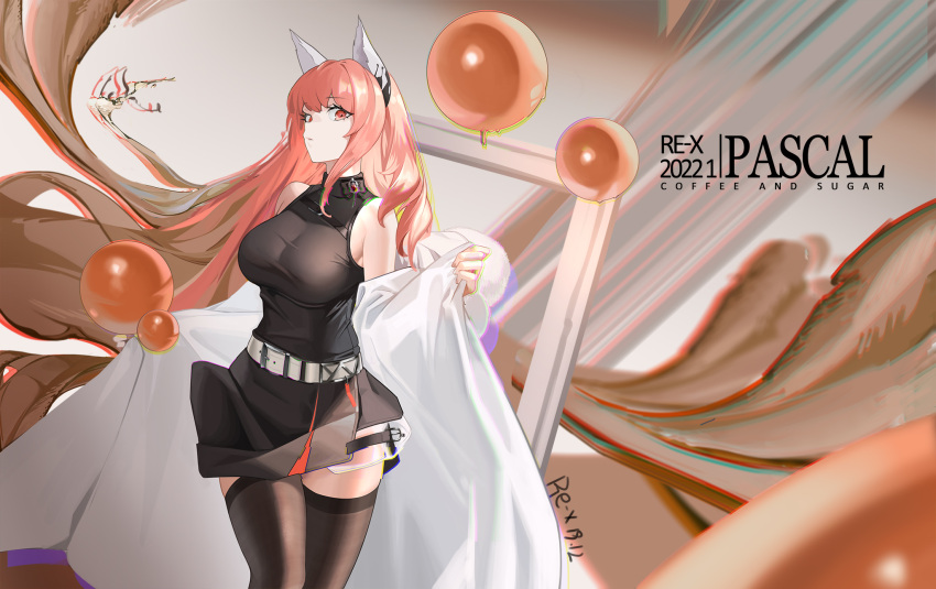 1girl animal_ear_fluff animal_ears artist_name bangs belt black_dress black_legwear breasts closed_mouth dress english_text eyebrows_visible_through_hair feet_out_of_frame girls'_frontline_neural_cloud girls_frontline highres large_breasts long_hair looking_at_viewer persica_(girls'_frontline) persicaria_(girls'_frontline_nc) pink_eyes pink_hair regenerate-x robe_slip solo standing thigh-highs white_belt white_robe