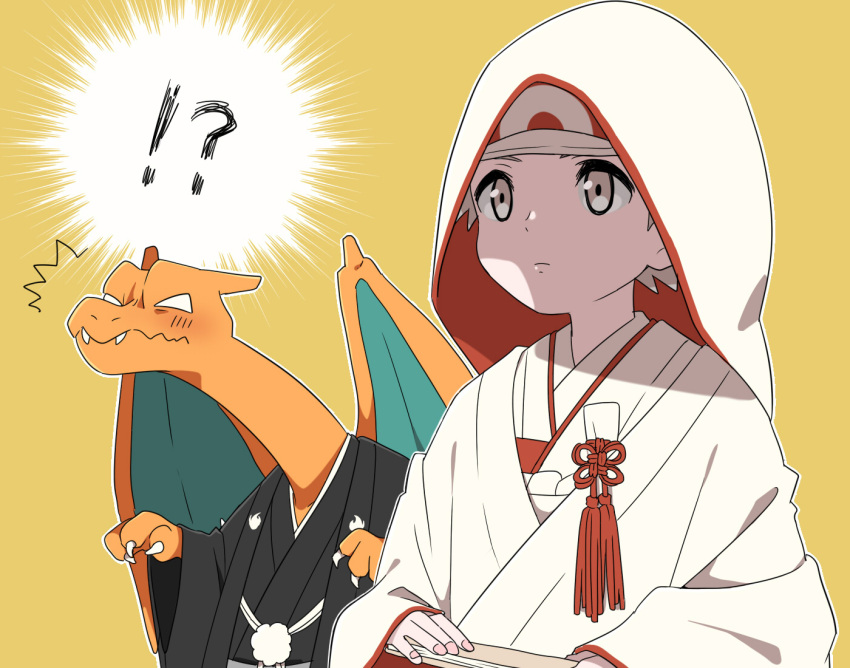 !? 1boy black_kimono blush brown_eyes brown_hair charizard claws clothed_pokemon commentary_request fangs fangs_out hat holding hood hood_up japanese_clothes kimono male_focus pink_nails pokemon pokemon_(creature) pokemon_(game) pokemon_frlg pumpkinpan red_(pokemon) red_headwear short_hair simple_background spiky_hair upper_body wavy_mouth yellow_background