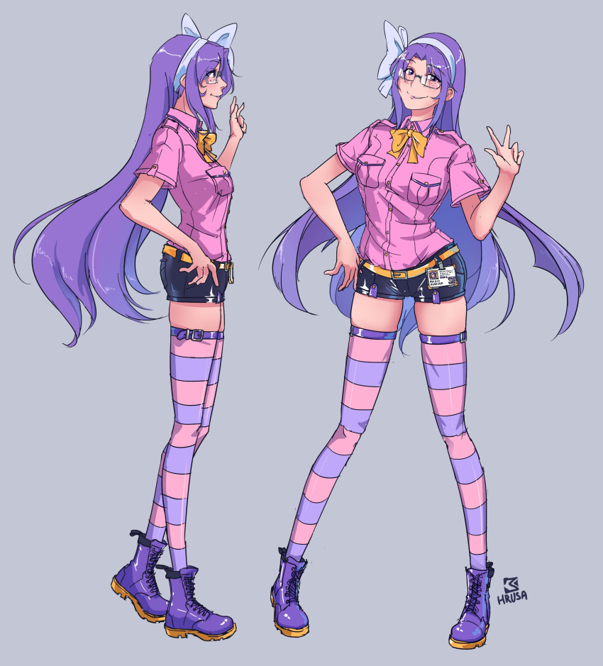 absurdres asakura_rikako bangs black_shorts blush boots bow collared_shirt cross-laced_footwear david_hrusa freckles full_body grey_background hand_on_hip highres id_card lips long_hair parted_bangs pink_legwear pink_shirt pocket purple_footwear purple_hair purple_legwear shirt short_sleeves shorts simple_background smile standing striped striped_legwear touhou two-tone_legwear v very_long_hair violet_eyes yellow_belt yellow_bow