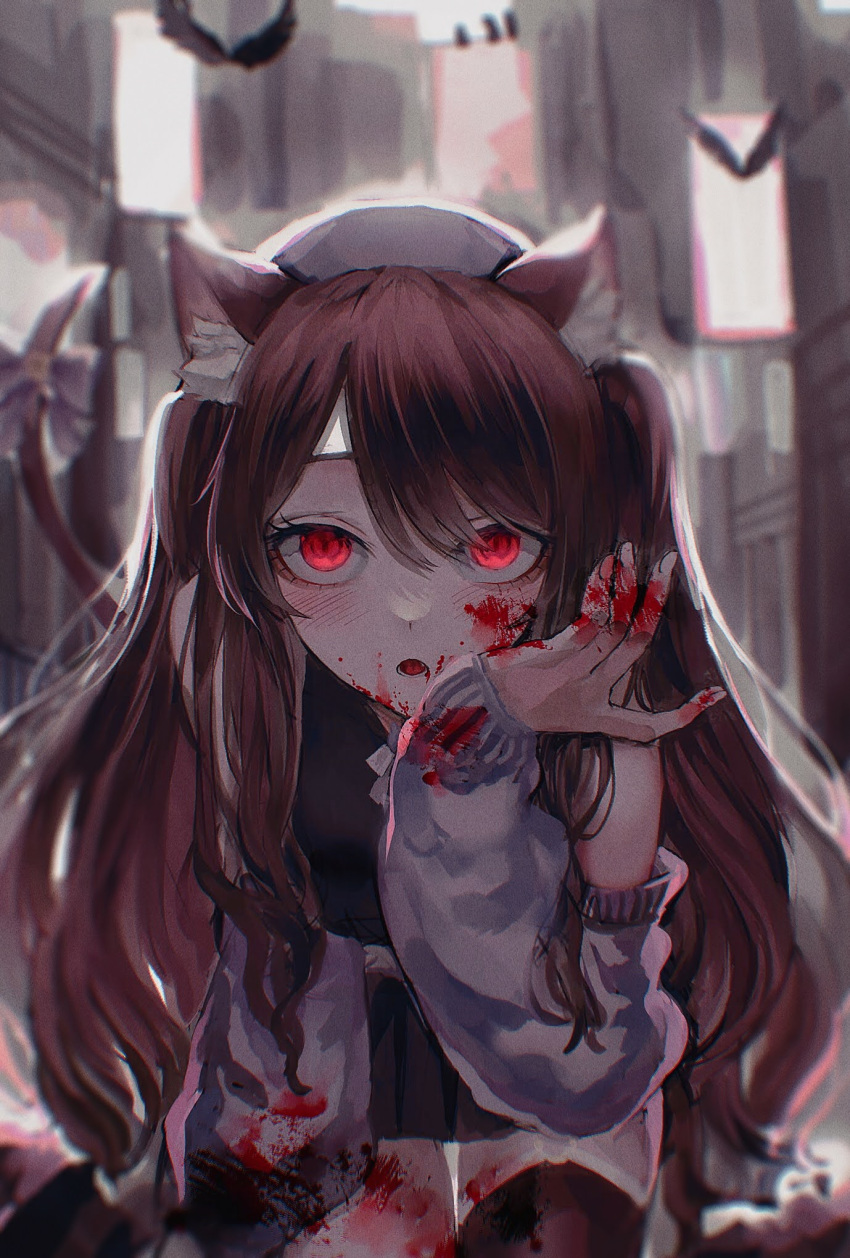 1girl :o black_legwear black_skirt blood blood_on_face blood_on_hands brown_hair commission crop_top english_commentary eyebrows_behind_hair glowing glowing_eyes highres indie_virtual_youtuber leaning_forward off_shoulder open_mouth purple_sweater red_eyes rin_(rin7kan7) second-party_source shimotsuki_miri skeb_commission skirt solo sweater thigh-highs virtual_youtuber