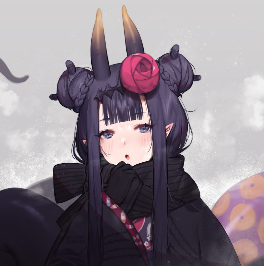 1girl blush double_bun highres hololive horns japanese_clothes kimono looking_at_viewer mole mole_under_eye ninomae_ina'nis official_alternate_costume parted_lips pointy_ears purple_hair solo tentacles terupancake upper_body violet_eyes