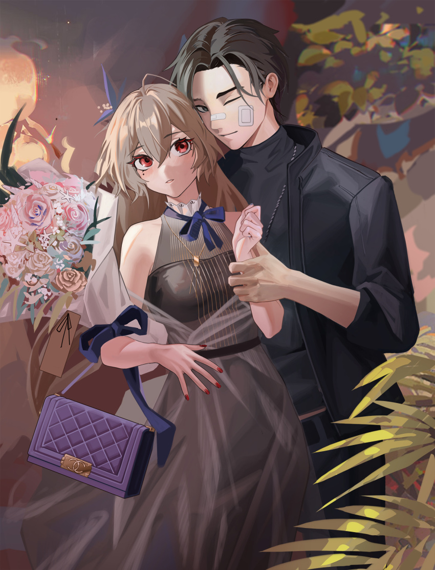 1boy 1girl bag bangs black_dress black_eyes black_hair black_jacket black_shirt blonde_hair blush bouquet closed_mouth dress eyebrows_visible_through_hair feet_out_of_frame girls_frontline highres holding holding_bag holding_own_arm j_(girls'_frontline) jacket jewelry long_hair looking_at_another looking_at_viewer mole mole_under_eye nail_polish necklace open_clothes open_jacket purple_bag red_eyes red_nails regenerate-x shirt short_hair sp9_(dream_sleeping_in_the_galaxy)_(girls'_frontline) sp9_(girls'_frontline) standing