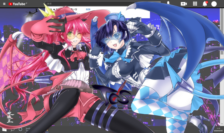 2girls absurdres belt blue_hair bow breasts checkered checkered_legwear demon_wings dress duel_monster eyebrows_visible_through_hair feet_out_of_frame glasses gloves green_eyes hakaiou_(shiningwizard11) hand_on_eyewear hat highres kisikil_(yuu-gi-ou) large_breasts lilla_(yuu-gi-ou) long_hair long_sleeves multiple_girls pantyhose pink_hair pink_legwear short_hair sparkle white_legwear wings yu-gi-oh! yuu-gi-ou