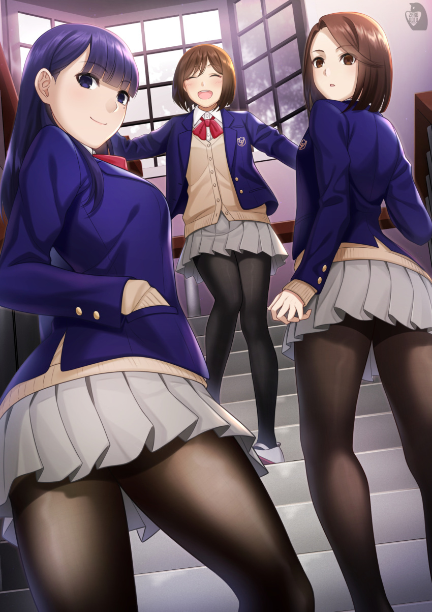 3girls :d aikawa_ren bangs beige_cardigan black_legwear blazer blue_eyes blue_hair blue_jacket blunt_bangs bow bowtie brown_eyes brown_hair cardigan closed_eyes feet grey_skirt highres indoors jacket long_sleeves looking_at_viewer miru_tights moegi_homi mole mole_under_eye multiple_girls nakabeni_yua open_mouth pantyhose phone red_bow red_bowtie shoes signature skirt smile socks stairs tan_sweater thighband_pantyhose uwabaki window zaregoto_tsukai_no_deshi