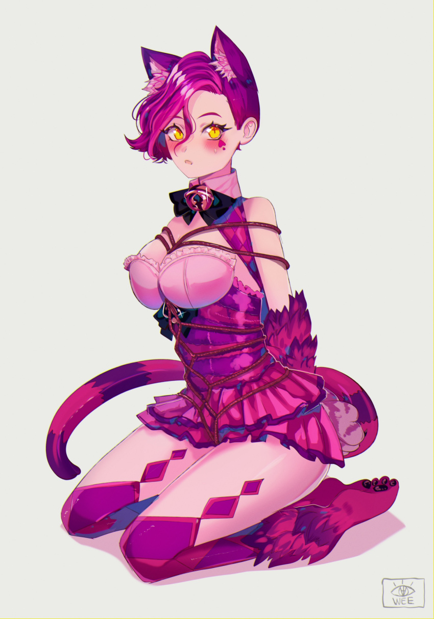 1girl :o alternate_hairstyle animal_ear_fluff animal_ears animal_hands awee bare_shoulders bdsm bell blush body_fur bondage bound bra breasts cat_ears cat_girl cat_paws cat_tail checkered_clothes checkered_legwear cheshire_cat_(monster_girl_encyclopedia) facial_mark full_body highres jingle_bell looking_at_viewer monster_girl monster_girl_encyclopedia multicolored_hair pink_bra pink_hair purple_fur purple_hair purple_legwear seiza shibari short_hair simple_background sitting skirt slit_pupils solo striped_tail sweatdrop tail thigh-highs two-tone_hair underwear yellow_eyes