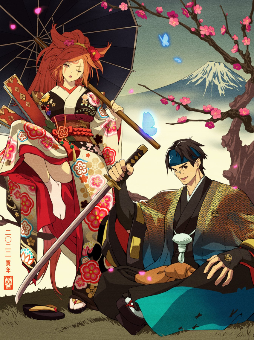 1boy 1girl arm_guards baiken big_hair blue_butterfly breasts bug butterfly cherry_blossoms facial_tattoo glasses grass guilty_gear headband highres holding holding_sword holding_umbrella holding_weapon jako_(toyprn) japanese_clothes katana kimono large_breasts mito_anji multicolored_clothes multicolored_kimono one-eyed open_mouth pink_hair ponytail red_eyes sandals sash scar scar_across_eye scar_on_face sitting sword tattoo tree umbrella volcano weapon white_legwear