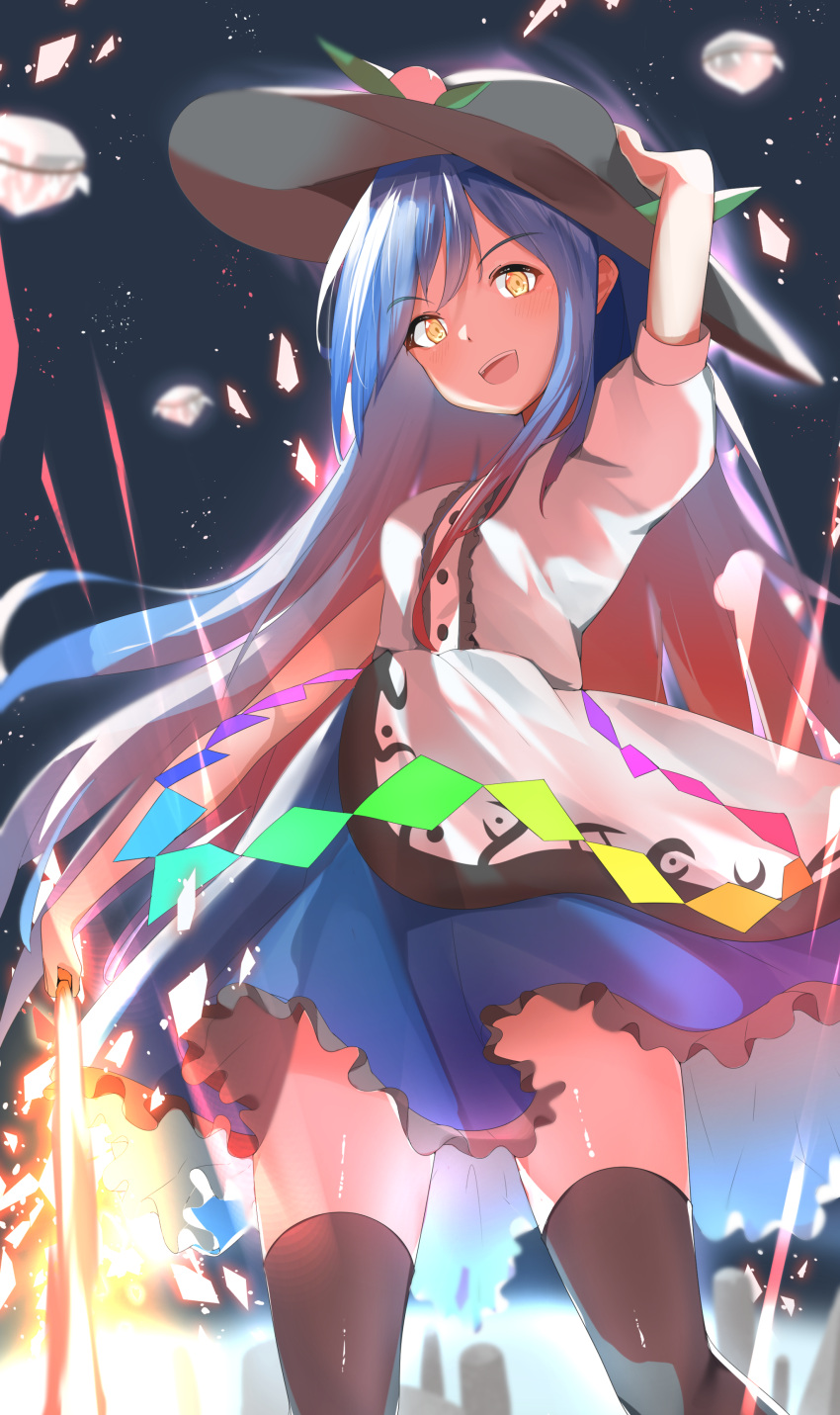 1girl 258n absurdres alternate_eye_color arm_up bangs blue_hair blue_skirt boots bow bowtie breasts buttons collared_shirt english_commentary eyebrows_visible_through_hair fire food fruit grey_footwear grey_headwear grey_sky hair_between_eyes hand_on_headwear hand_up hat highres hinanawi_tenshi leaf long_hair looking_at_viewer medium_breasts moon night night_sky open_mouth orange_eyes peach puffy_short_sleeves puffy_sleeves rainbow red_bow red_bowtie shirt short_sleeves skirt sky smile solo standing star_(sky) star_(symbol) starry_sky sword touhou weapon white_shirt