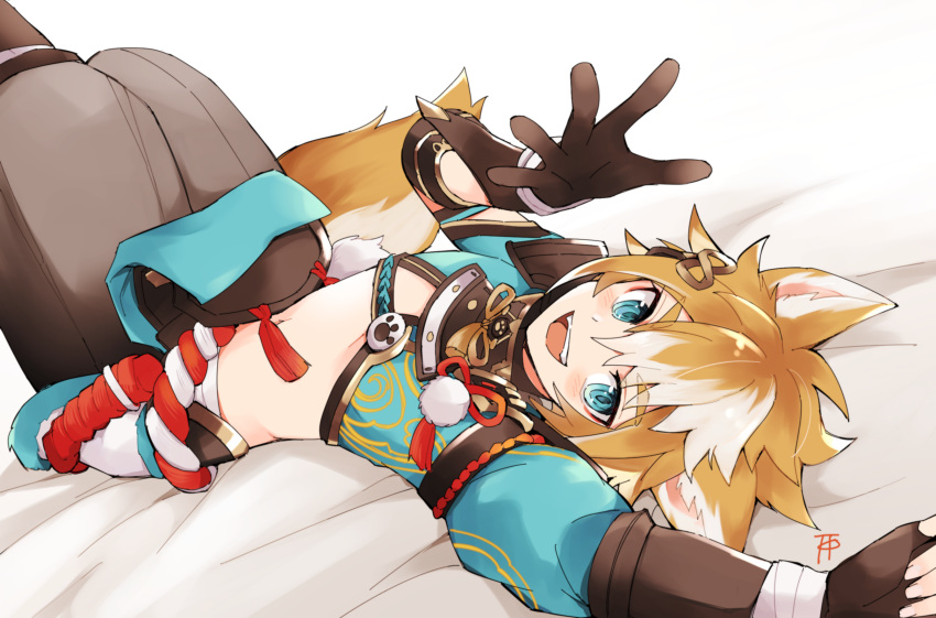 1boy animal_ears armor bangs bed_sheet black_gloves blue_eyes blush dog_boy dog_ears dog_tail eyeshadow geev genshin_impact gloves gorou_(genshin_impact) hair_between_eyes highres japanese_armor japanese_clothes light_brown_hair looking_at_viewer lying makeup male_focus multicolored_hair on_back paw_print red_eyeshadow signature solo tail tassel white_hair