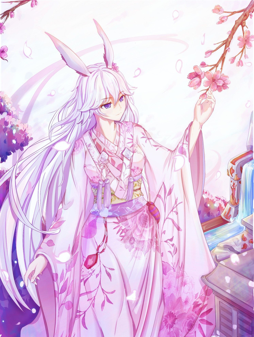 1girl animal_ears bangs branch cherry_blossoms closed_mouth flower fountain fox_ears hair_flower hair_ornament highres holding honkai_(series) honkai_impact_3rd japanese_clothes kimono long_hair long_sleeves petals pink_flower pink_hair pink_kimono qazpl747163 smile solo violet_eyes water yae_sakura