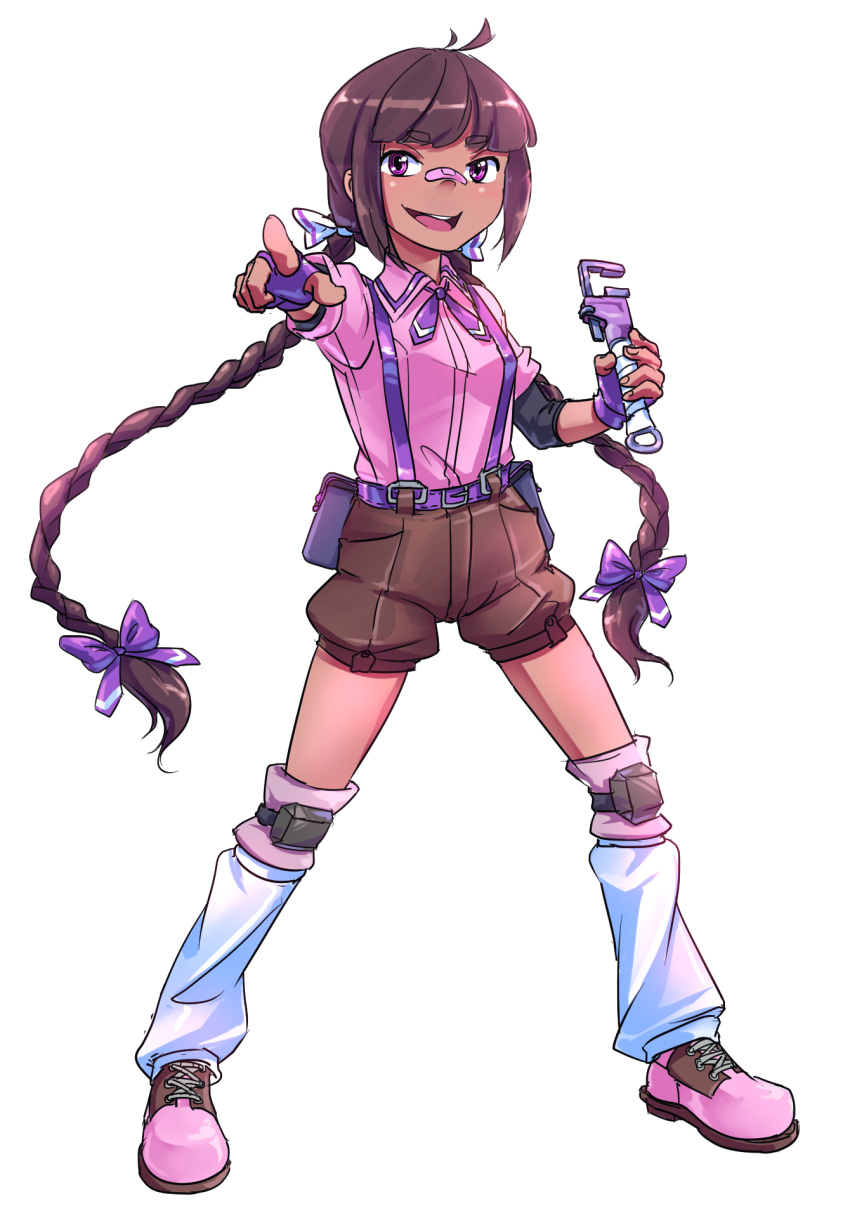 1girl adapted_costume ahoge bandaid bandaid_on_nose bangs blunt_bangs bow braid breasts brown_shorts collared_shirt dark_skin david_hrusa fingerless_gloves full_body gloves hair_bow highres holding holding_wrench knee_pads leg_warmers long_hair open_mouth pink_footwear pink_shirt pointy_ears puffy_short_sleeves puffy_sleeves purple_belt purple_bow purple_gloves purple_ribbon ribbon rika_(touhou) shirt shoes short_sleeves shorts simple_background skirt small_breasts suspender_skirt suspenders teeth thick_eyebrows tools touhou touhou_(pc-98) transparent_background twin_braids upper_teeth very_long_hair violet_eyes white_bow wrench