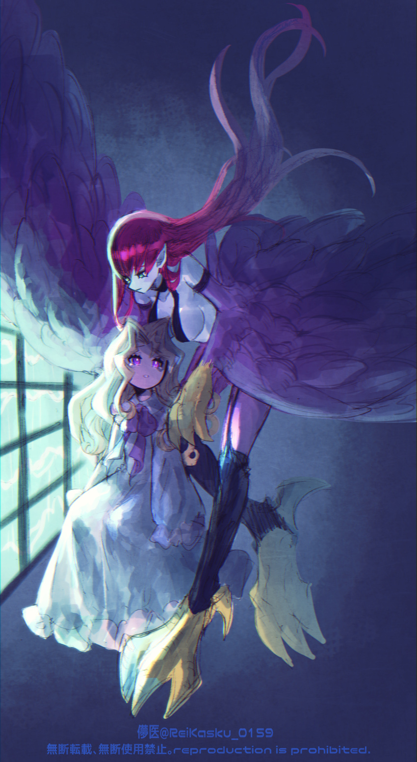 2girls absurdres age_difference artist_name bird_legs blonde_hair child chinese_text claws closed_mouth commentary covered_nipples dress english_text feathered_wings frilled_dress frills full_body green_eyes harpie_lady harpy highres kujaku_mai long_hair looking_at_another monster_girl multiple_girls open_mouth parted_lips pointy_ears redhead revealing_clothes shaded_face sitting sleeves_past_wrists sugomori_tsuru_(artist) tears teeth violet_eyes white_dress window wings younger yu-gi-oh! yu-gi-oh!_duel_monsters yuu-gi-ou yuu-gi-ou_duel_monsters