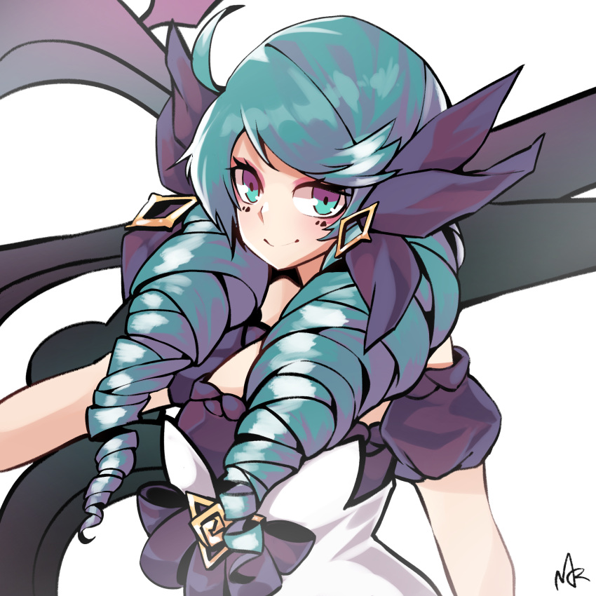 1girl bangs bare_shoulders black_bow black_dress black_sleeves bow detached_sleeves dress drill_hair green_eyes grey_dress gwen_(league_of_legends) hair_bow highres holding holding_scissors league_of_legends long_hair looking_at_viewer mandarok1149 oversized_object puffy_short_sleeves puffy_sleeves scissors shiny shiny_hair short_sleeves signature smile solo twin_drills upper_body