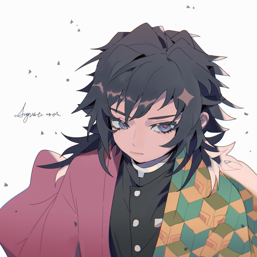 1boy absurdres bishounen black_hair black_jacket blue_eyes chinese_commentary closed_mouth commentary_request haori highres jacket japanese_clothes kimetsu_no_yaiba long_hair looking_at_viewer male_focus multicolored_hair red_jacket red_pupils signature simple_background solo streaked_hair taowu_(20809) tomioka_giyuu upper_body white_background white_hair