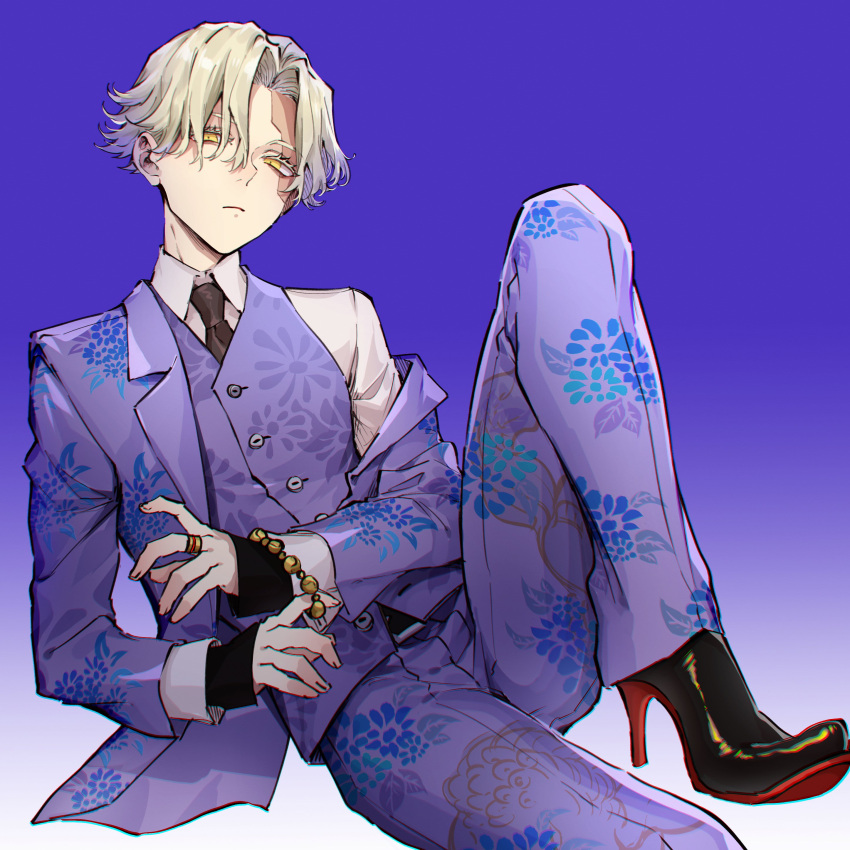 1boy absurdres bangs bead_bracelet beads black_footwear black_neckwear blonde_hair bracelet burn_scar closed_mouth collared_shirt formal full_body high_heels highres inui_seishu jacket jewelry knee_up long_sleeves looking_at_viewer male_focus nanin necktie off_shoulder pants parted_bangs purple_background purple_jacket purple_pants purple_suit purple_vest ring scar scar_on_face shirt short_hair sitting sleeves_past_wrists solo tokyo_revengers vest white_shirt yellow_eyes