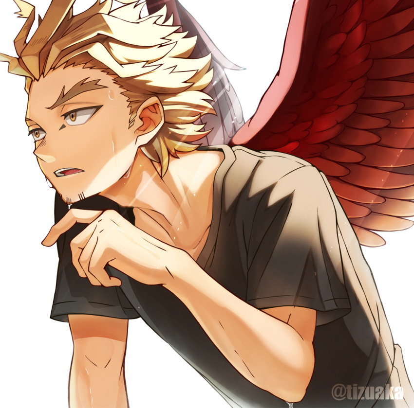 1boy adam's_apple arm_up blonde_hair boku_no_hero_academia casual dripping facial_hair facial_mark feathered_wings goatee hawks_(boku_no_hero_academia) leaning_forward light_particles light_rays male_focus open_mouth red_wings shadow shirt short_hair sideburns simple_background solo spread_wings sweat sweatdrop sweating_profusely tonbanlove twitter_username upper_body white_shirt wings yellow_eyes