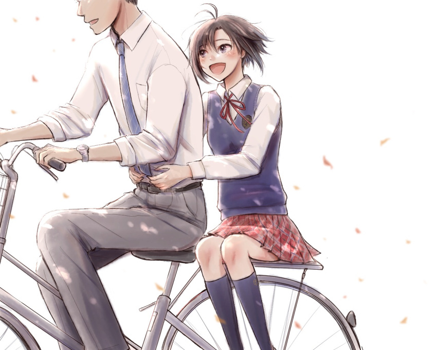 1boy 1girl :d antenna_hair arms_around_waist belt bicycle bicycle_rack black_belt black_hair black_legwear blue_necktie blue_sweater_vest blurry blurry_background blurry_foreground blush breast_pocket breasts depth_of_field diagonal_stripes dress_shirt falling_leaves feet_out_of_frame floating_hair grey_pants ground_vehicle hair_strand hands_on_another's_stomach head_out_of_frame height_difference idolmaster idolmaster_(classic) iso_(nh15mint) kikuchi_makoto kneehighs leaf long_sleeves looking_at_another messy_hair multiple_riders neck_ribbon necktie open_mouth pants plaid plaid_skirt pocket producer_(idolmaster) red_ribbon red_skirt ribbon riding riding_bicycle school_uniform shirt short_hair sidesaddle sitting skirt sleeves_rolled_up small_breasts smile striped striped_necktie sweater_vest watch watch white_background white_shirt