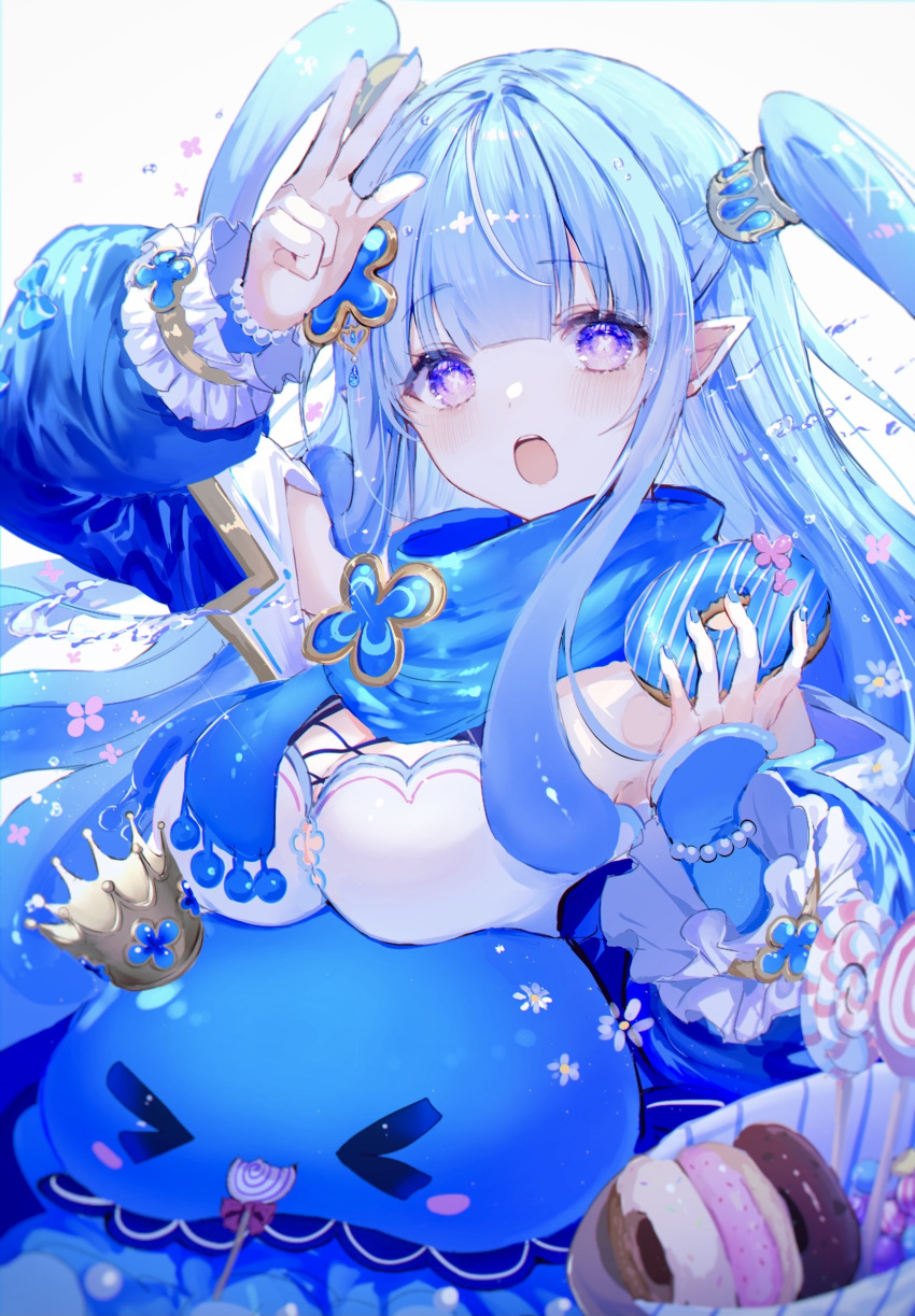1girl arm_up bangs blue_hair blue_scarf blunt_bangs blush breast_rest breasts commentary_request doughnut eyebrows_visible_through_hair food hair_between_eyes hair_ornament highres holding holding_food jolly_estaa large_breasts long_hair looking_at_viewer noyu_(noyu23386566) open_mouth pixela_isekai pointy_ears scarf sidelocks slime_(substance) two_side_up violet_eyes virtual_youtuber
