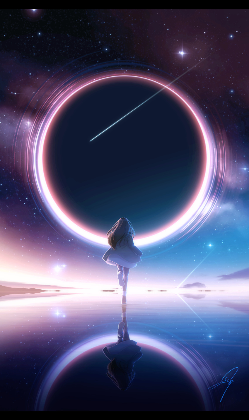 1girl absurdres brown_hair coat commentary dress fantasy from_behind full_body highres long_hair milky_way nengoro original outdoors reflection reflective_water scenery shooting_star signature sky space sparkle standing standing_on_one_leg star_(sky) starry_sky universe
