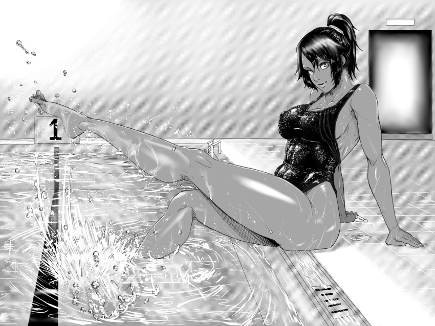 1girl arm_support barefoot bleach breasts competition_swimsuit covered_nipples dark-skinned_female dark_skin foot_up from_side full_body greyscale high_ponytail highleg highleg_swimsuit highres indoors large_breasts legs light_smile lips looking_at_viewer monochrome one-piece_swimsuit outstretched_arms outstretched_leg pool poolside shihouin_yoruichi shiny shiny_skin sideboob sitting solo splashing swimsuit tata_(pixiv57531723) toes toned water wet