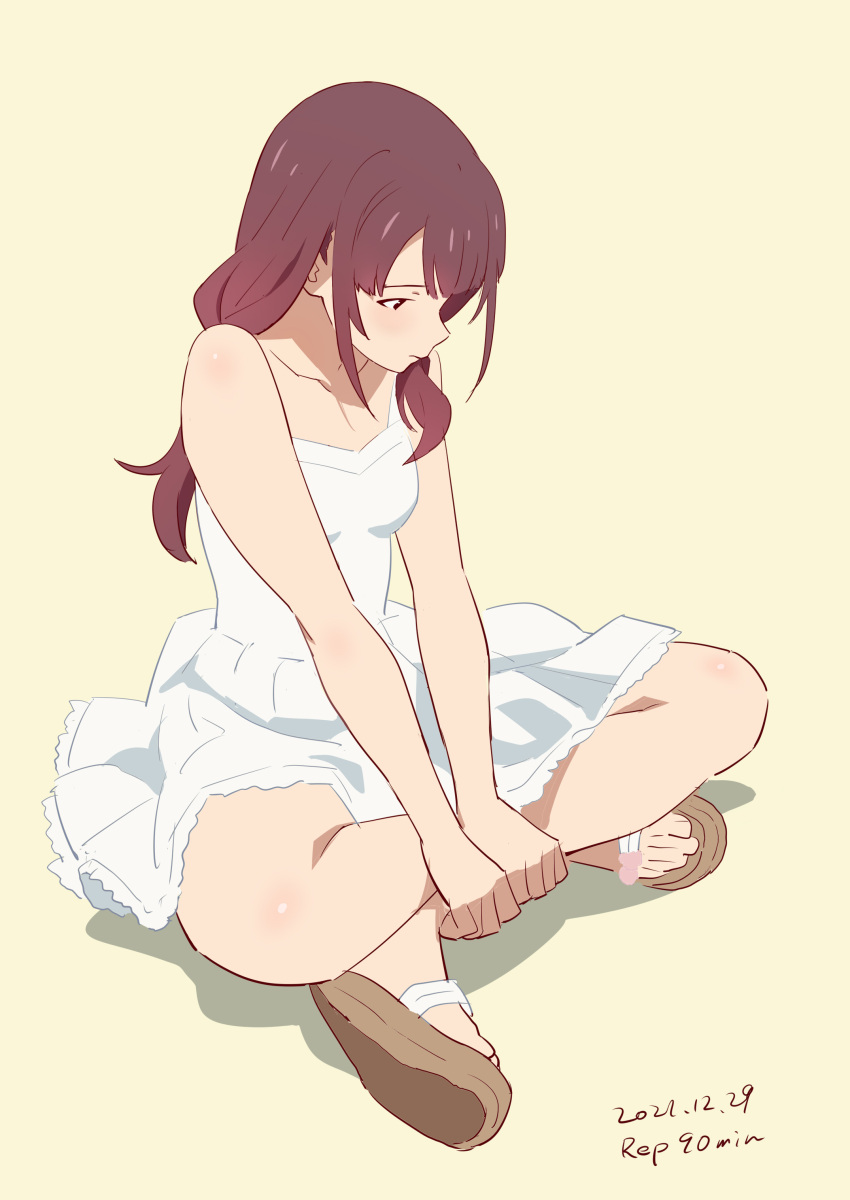 1girl absurdres blush brown_hair closed_mouth dated dress highres indian_style long_hair original sandals signature simple_background sitting sleeveless sleeveless_dress solo sundress white_dress yellow_background yukiyoshi_mamizu