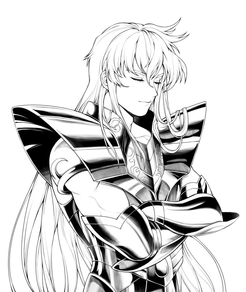 1boy armor bangs bishounen breastplate closed_eyes closed_mouth commentary crossed_arms gauntlets gold_saint greyscale hair_between_eyes highres long_hair male_focus monochrome saint_seiya shoulder_armor simple_background solo upper_body virgo_shaka white_background yunoo_(cmzkvneld845)