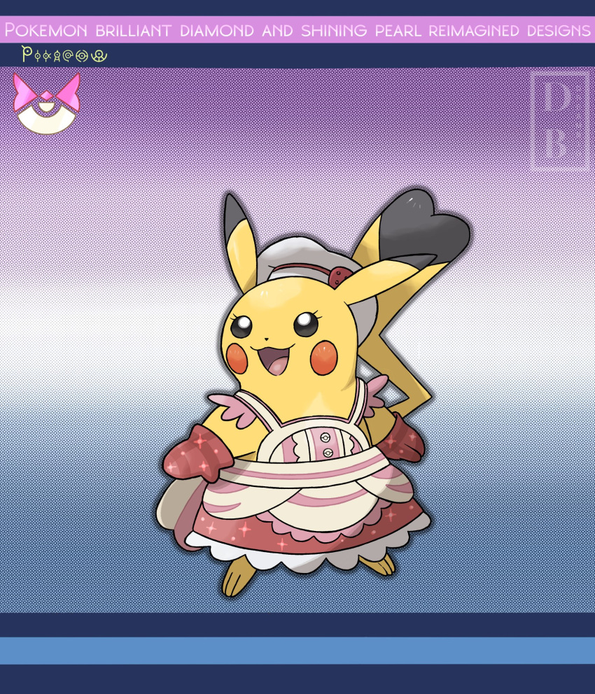 :d apron black_eyes chef_hat clothed_pokemon commentary copyright_name cosplay dawn_(pokemon)_(cosplay) dreambig eyelashes full_body happy hat hatted_pokemon highres hikari_(pokemon) no_humans open_mouth outline oven_mitts pikachu pokemon pokemon_(creature) pokemon_(game) pokemon_masters_ex red_mittens smile solo tongue watermark white_headwear