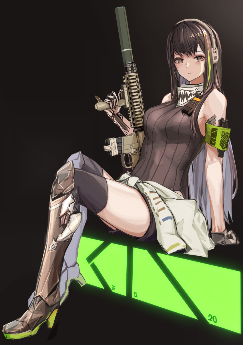 1girl absurdres assault_rifle bangs black_gloves black_legwear black_shorts blush boots breasts brown_eyes brown_footwear brown_hair brown_sweater_vest closed_mouth clothes_around_waist cup eyebrows_visible_through_hair full_body girls_frontline gloves gun headphones headset high_heel_boots high_heels highres holding holding_cup jacket jacket_around_waist knee_boots lips lithographica long_hair looking_at_viewer m4_carbine m4a1_(girls'_frontline) medium_breasts multicolored_hair rifle scarf shorts simple_background sitting solo sweater_vest thigh-highs walkie-talkie weapon white_jacket white_scarf
