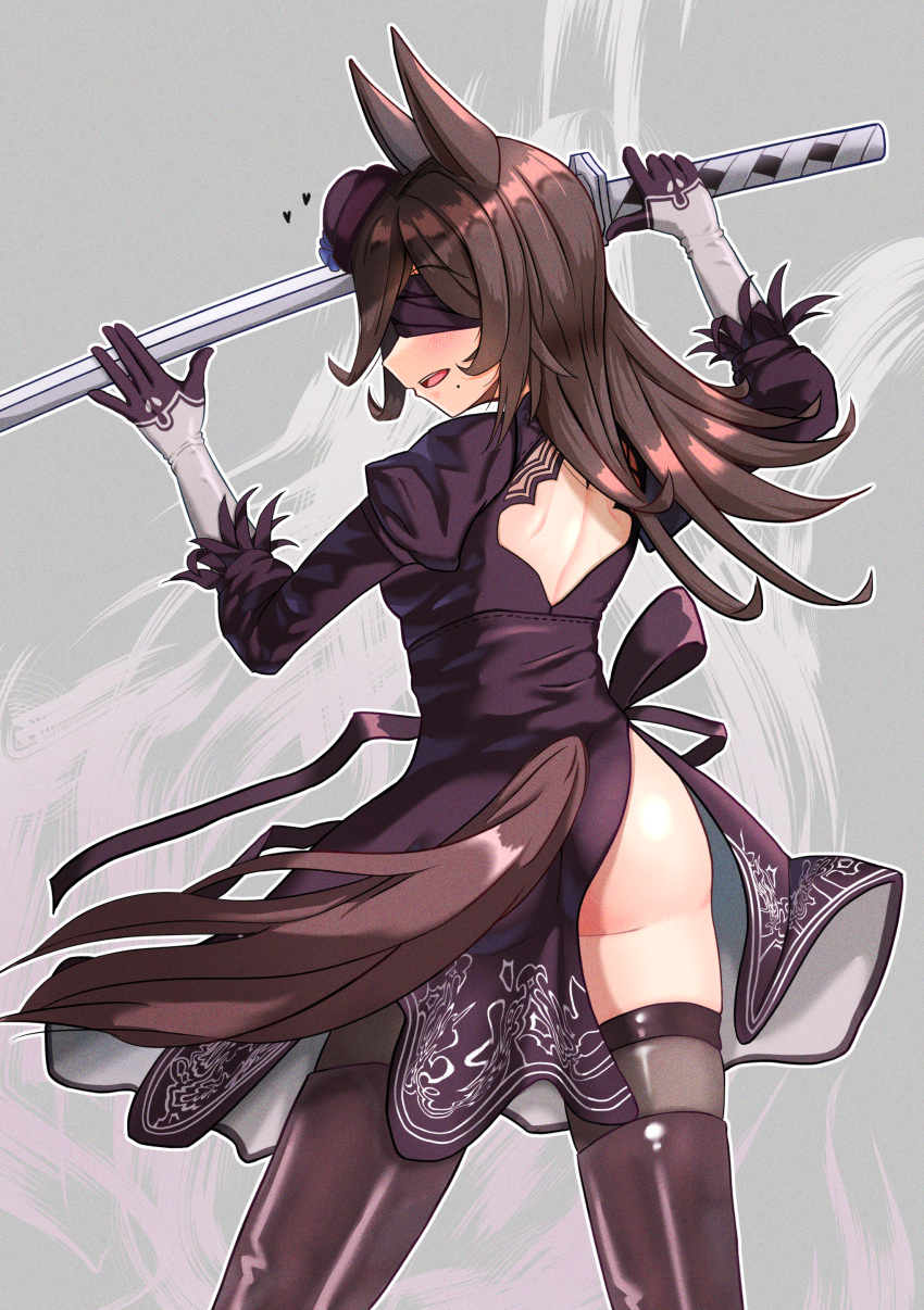 1girl absurdres animal_ears arm_up ass aura backless_dress backless_outfit blindfold blue_flower blush brown_hair brown_legwear cosplay dress elbow_gloves flower from_behind gloves grey_background grey_gloves hair_over_one_eye hand_up hat hat_flower heart highres holding holding_sword holding_weapon horse_ears horse_girl horse_tail juliet_sleeves katana long_hair long_sleeves miya_(miya-pi) mole mole_under_mouth nier_(series) nier_automata open_mouth puffy_sleeves purple_dress purple_headwear rice_shower_(umamusume) simple_background solo sword tail thigh-highs tilted_headwear umamusume weapon yorha_no._2_type_b yorha_no._2_type_b_(cosplay)