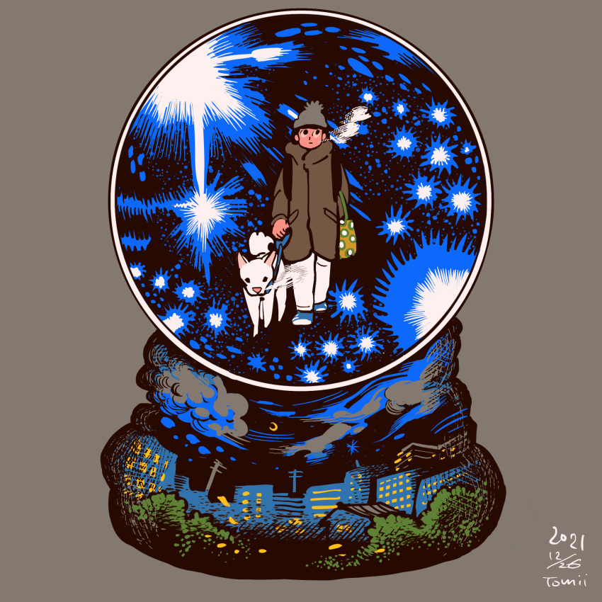 1girl bag blue_footwear breath building clouds crescent dated grey_background grey_headwear highres original pants procreate_(medium) shoes signature simple_background snow_globe solo tomidoron tree white_dog white_pants