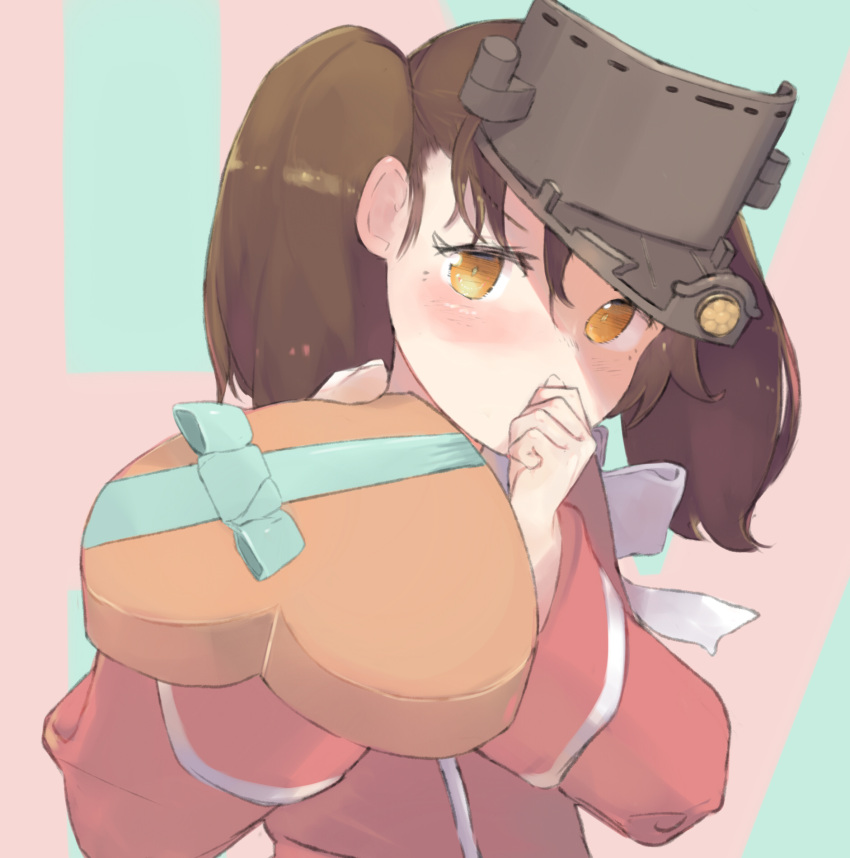 1girl bangs blush box brown_hair co_botan covering_mouth gift gift_box hair_between_eyes hand_over_own_mouth hat heart-shaped_box highres holding japanese_clothes kantai_collection kariginu long_sleeves looking_at_viewer orange_eyes ryuujou_(kancolle) simple_background solo twintails two-tone_background upper_body valentine visor_cap