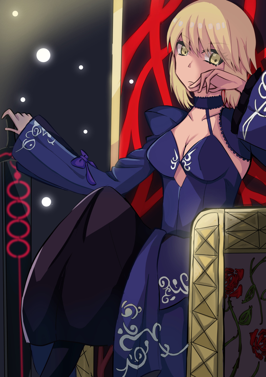 1girl absurdres artoria_pendragon_(all) black_footwear black_skirt blonde_hair breasts cleavage dark_excalibur excalibur_morgan_(fate) eyebrows_visible_through_hair fate/stay_night fate_(series) formal full_body high_heels highres long_skirt long_sleeves medium_breasts outdoors outstretched_arm saber_alter shrug_(clothing) sideboob skirt skirt_suit sky solo standing suit sword tied_hair weapon yellow_eyes yuck1e_1028