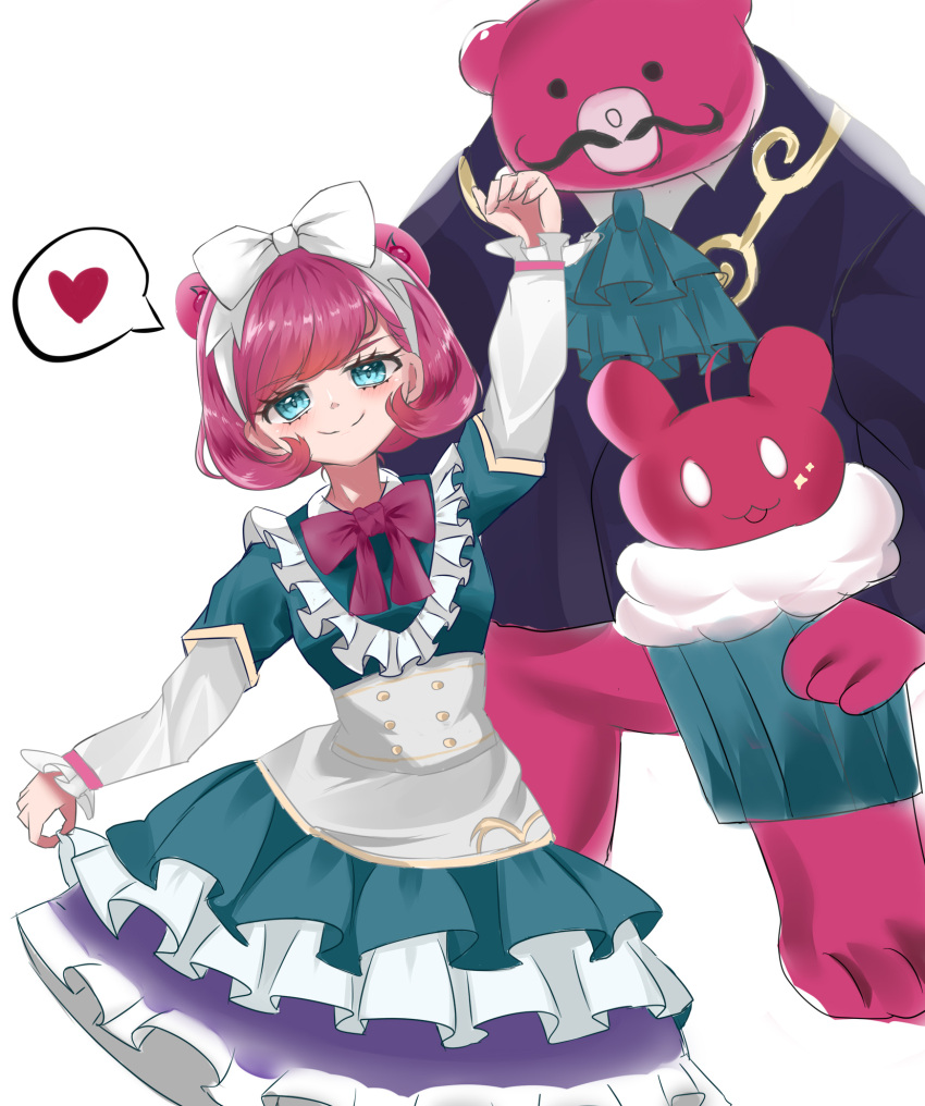 1girl annie_(league_of_legends) arm_up bangs bow bowtie buttons cafe_cuties_annie cafe_cuties_tibbers colored_skin double-breasted dress facial_hair green_dress green_eyes grey_background hair_bow highres kic_muji_zhong layered_dress league_of_legends long_sleeves maid mustache pink_bow pink_bowtie pink_hair pink_skin short_hair simple_background smile tibbers white_bow white_dress