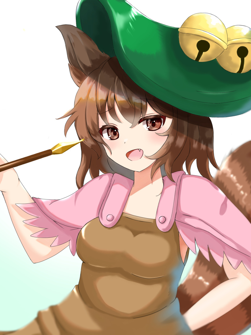 1girl :d anima_miko animal_ears bangs brown_eyes brown_hair brown_shirt brown_skirt fang futatsuiwa_mamizou green_background highres holding kiseru leaf leaf_on_head looking_at_viewer open_mouth pipe raccoon_ears raccoon_girl raccoon_tail shirt skirt smile solo tail touhou