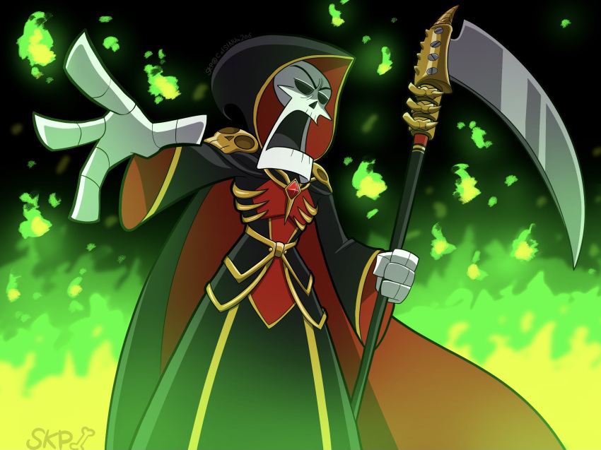 1boy artist_name cloak fire green_fire grim_(grim_adventures) highres holding holding_weapon hood hooded_cloak looking_at_viewer male_focus open_mouth outstretched_arm scythe skeleton skp_(calsinum) solo the_grim_adventures_of_billy_&amp;_mandy weapon