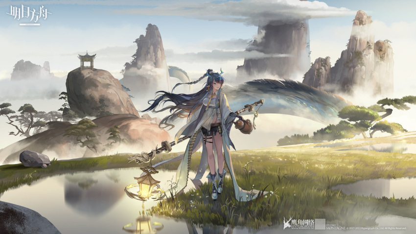 1girl arknights bangs bare_legs black_gloves black_shorts blue_eyes blue_hair boots braid breasts company_name copyright_name day detached_collar dragon dragon_girl dragon_horns dragon_tail earrings elbow_gloves full_body gazebo gloves gourd grass han_yijie highres horns jewelry knee_boots lantern large_breasts ling_(arknights) long_hair looking_away looking_to_the_side mountain necktie official_art outdoors parted_lips pointy_ears puddle reflection short_shorts shorts smile solo staff standing tail thigh_strap underbust very_long_hair water white_footwear yellow_necktie