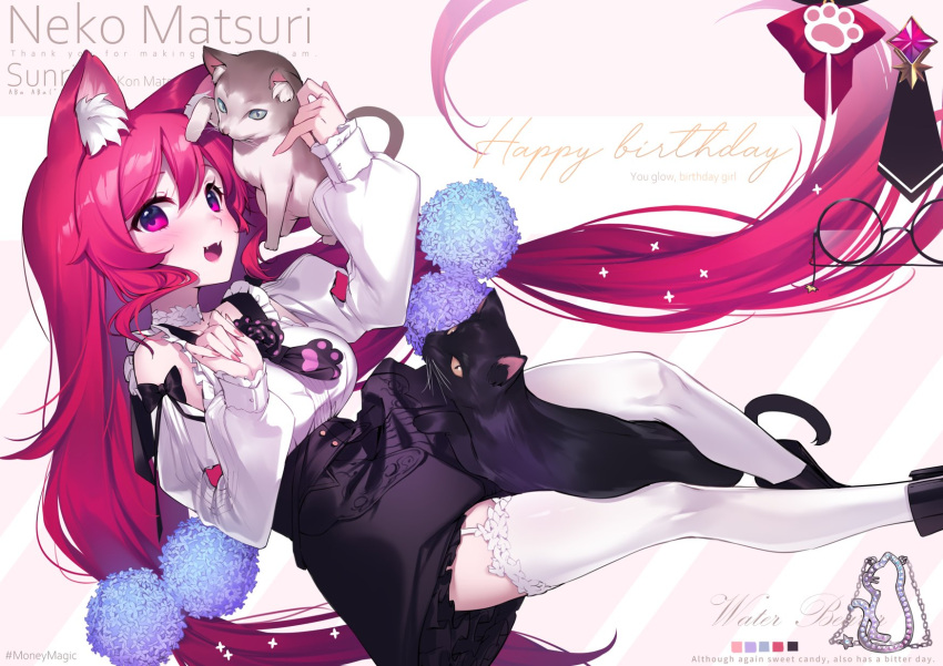 1girl animal_ear_fluff animal_ears black_footwear black_skirt blush breasts cat cat_ears cat_girl chinese_commentary clothing_cutout fangs happy_birthday highres indie_virtual_youtuber long_hair looking_at_viewer low_twintails medium_breasts neko_matsuri_(vtuber) red_eyes redhead second-party_source shirt shoulder_cutout skirt smile solo thigh-highs twintails very_long_hair virtual_youtuber white_legwear white_shirt yaguo