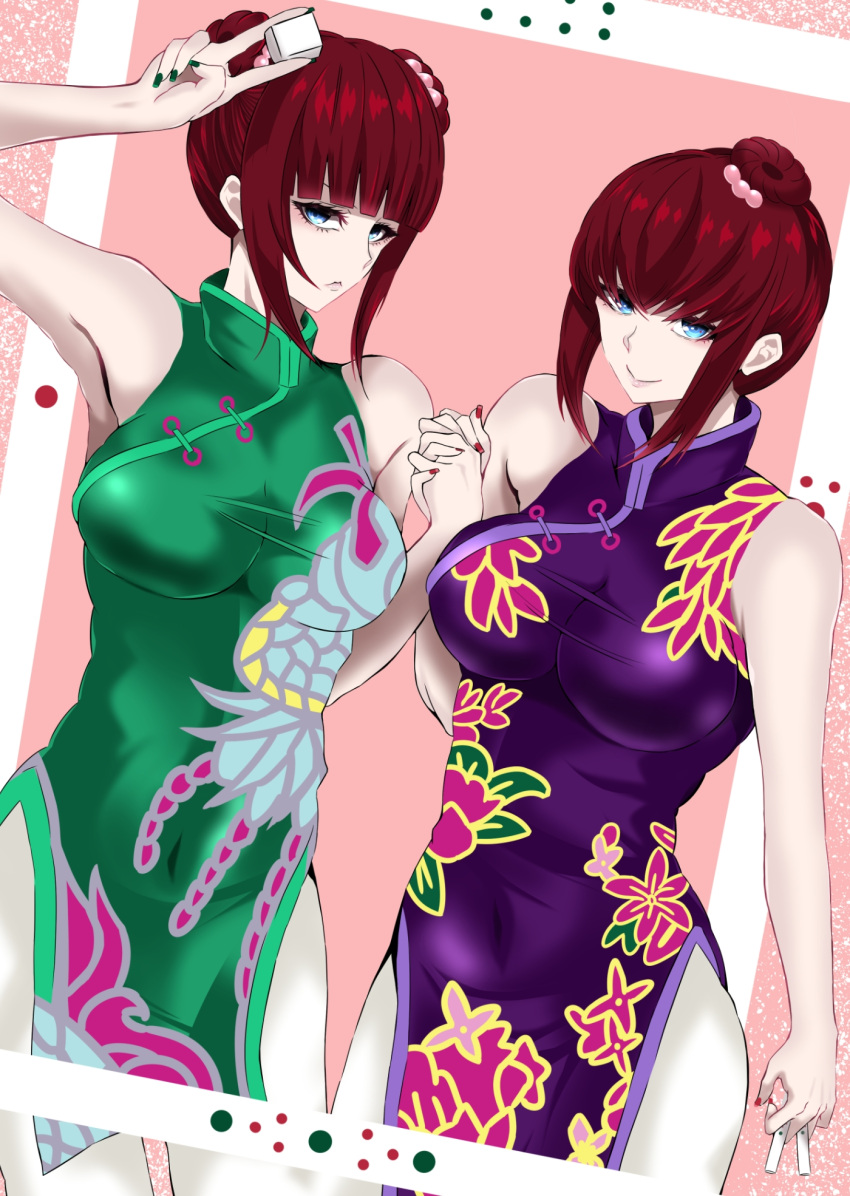 2girls bangs bare_shoulders blush brown_hair bun_cover chinese_clothes chinese_dress double_bun duel_monster green_dress hair_bun holding holding_hands mahjong_munia_maidens medium_breasts multiple_girls purple_dress tatsu_(pixiv24725550) yu-gi-oh! yuu-gi-ou